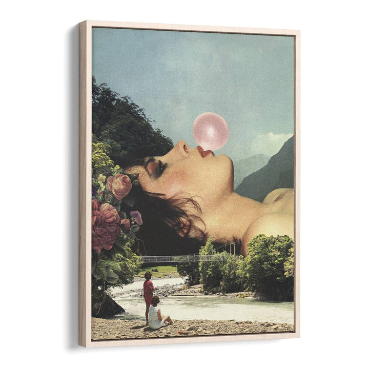 Bubble Gum Girl  Surreal Painting Artwork in Oak Wood Floater Frame
