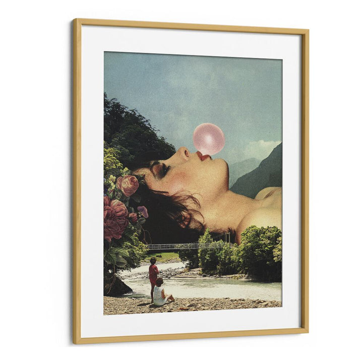 Bubble Gum Girl   Surreal Painting Artwork in Oak Wood Frame With Mount