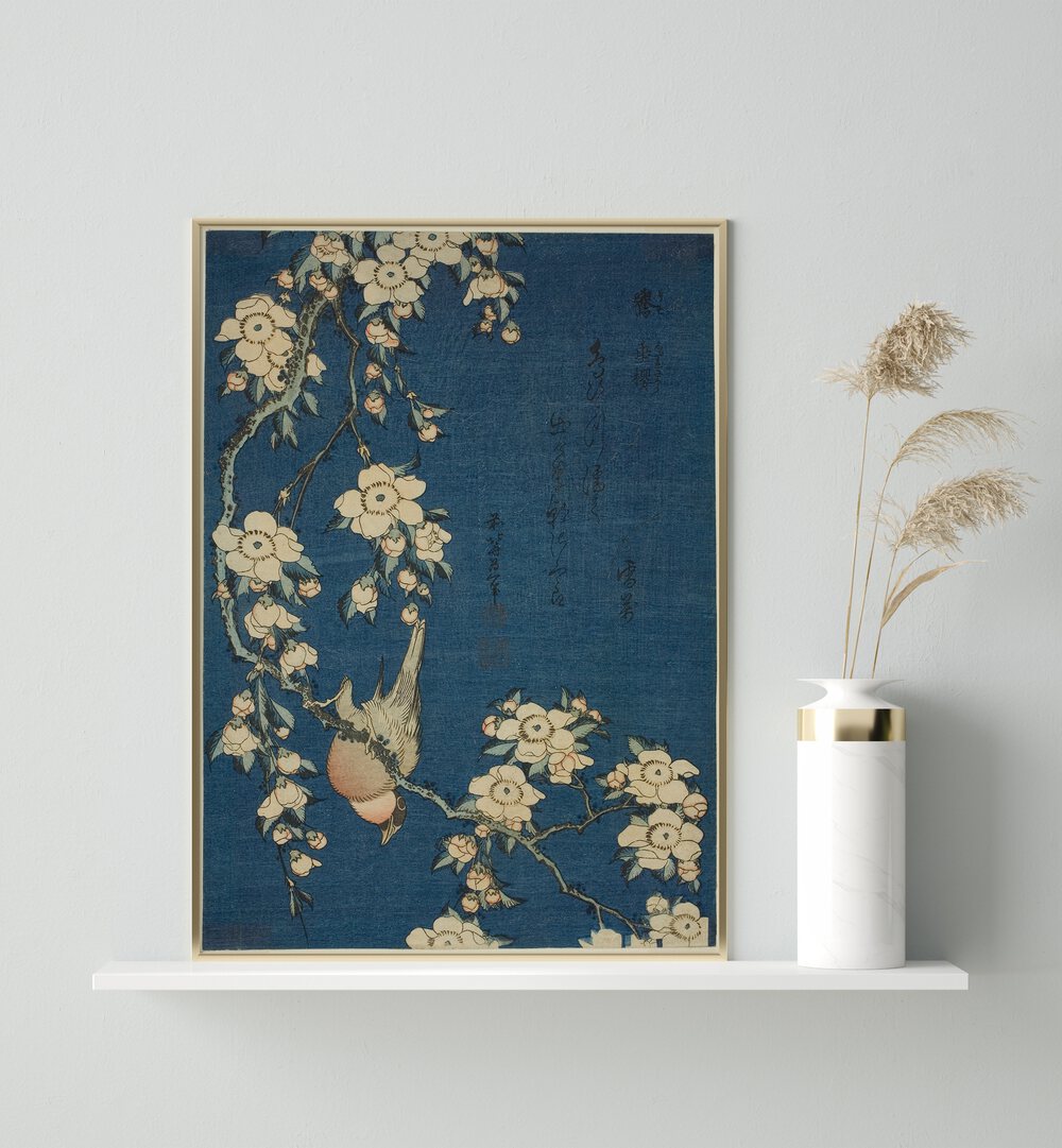 BULLFINCH AND WEEPING CHERRY BLOSSOMS , VINTAGE PAINTINGS