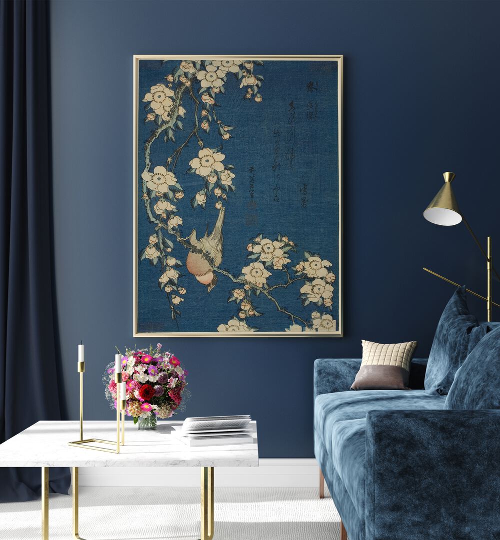 BULLFINCH AND WEEPING CHERRY BLOSSOMS , VINTAGE PAINTINGS