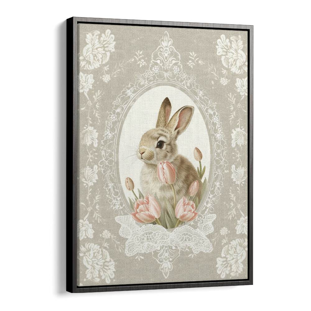 Bunny Blooms I Kids Art Artwork in Black Floater Frame
