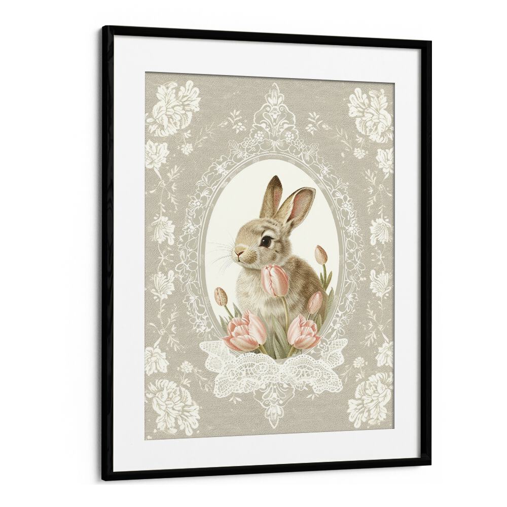 Bunny Blooms I Kids Art Artwork in Black Frame With Mount
