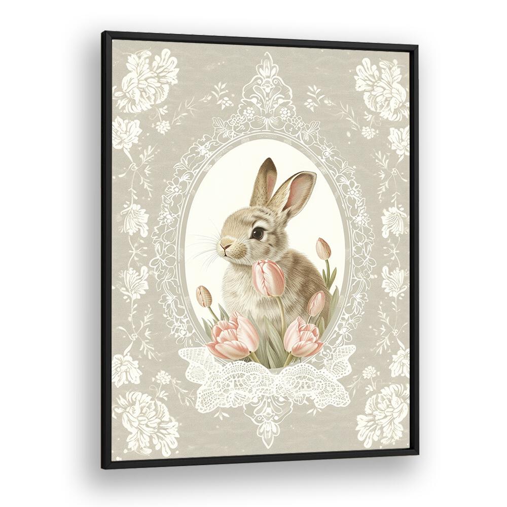 Bunny Blooms I Kids art Artwork in Black Plain Frame
