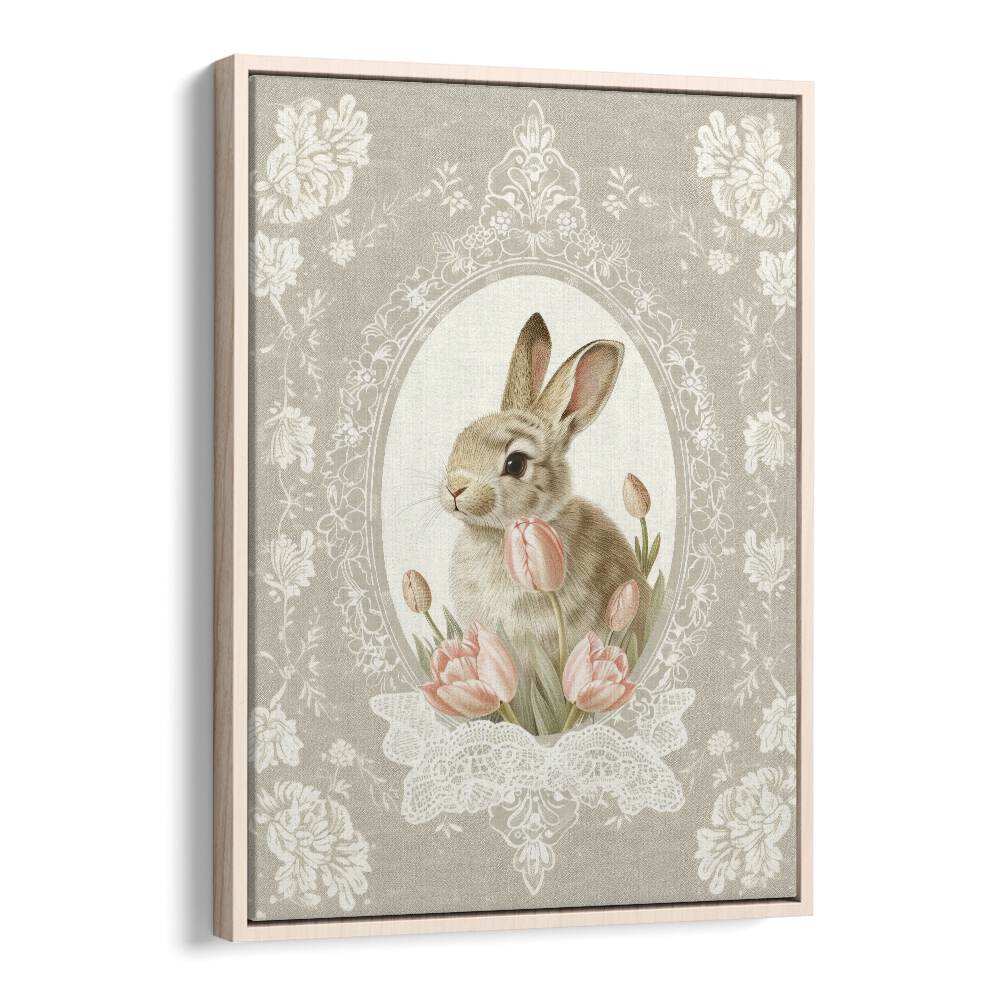 Bunny Blooms I Kids Art Artwork in Oak Wood Floater Frame
