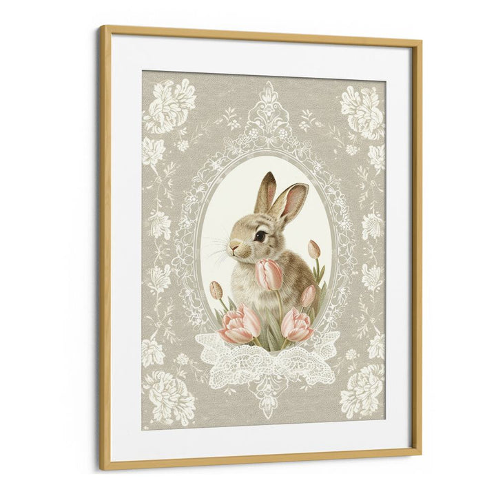 Bunny Blooms I Kids Art Artwork in Oak Wood Frame With Mount
