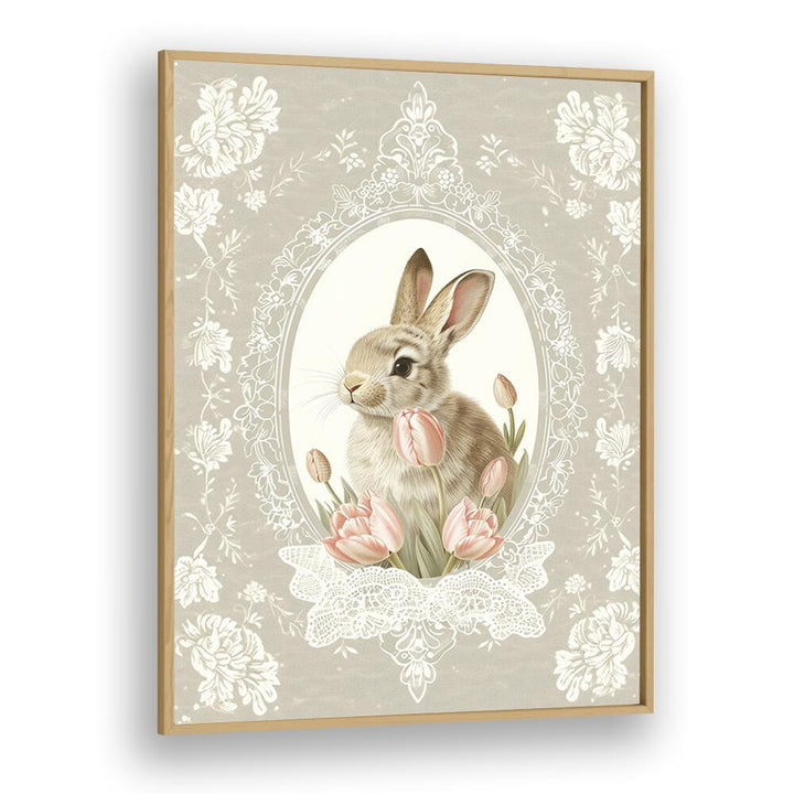 Bunny Blooms I Kids Art Artwork in Oak Wood Plain Frame
