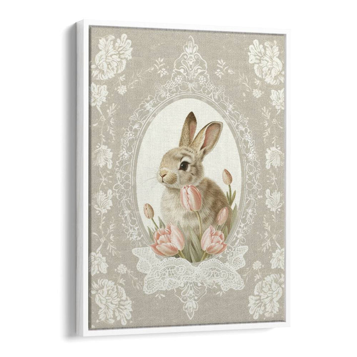 Bunny Blooms I Kids art painting Artwork in White Floater Frame
