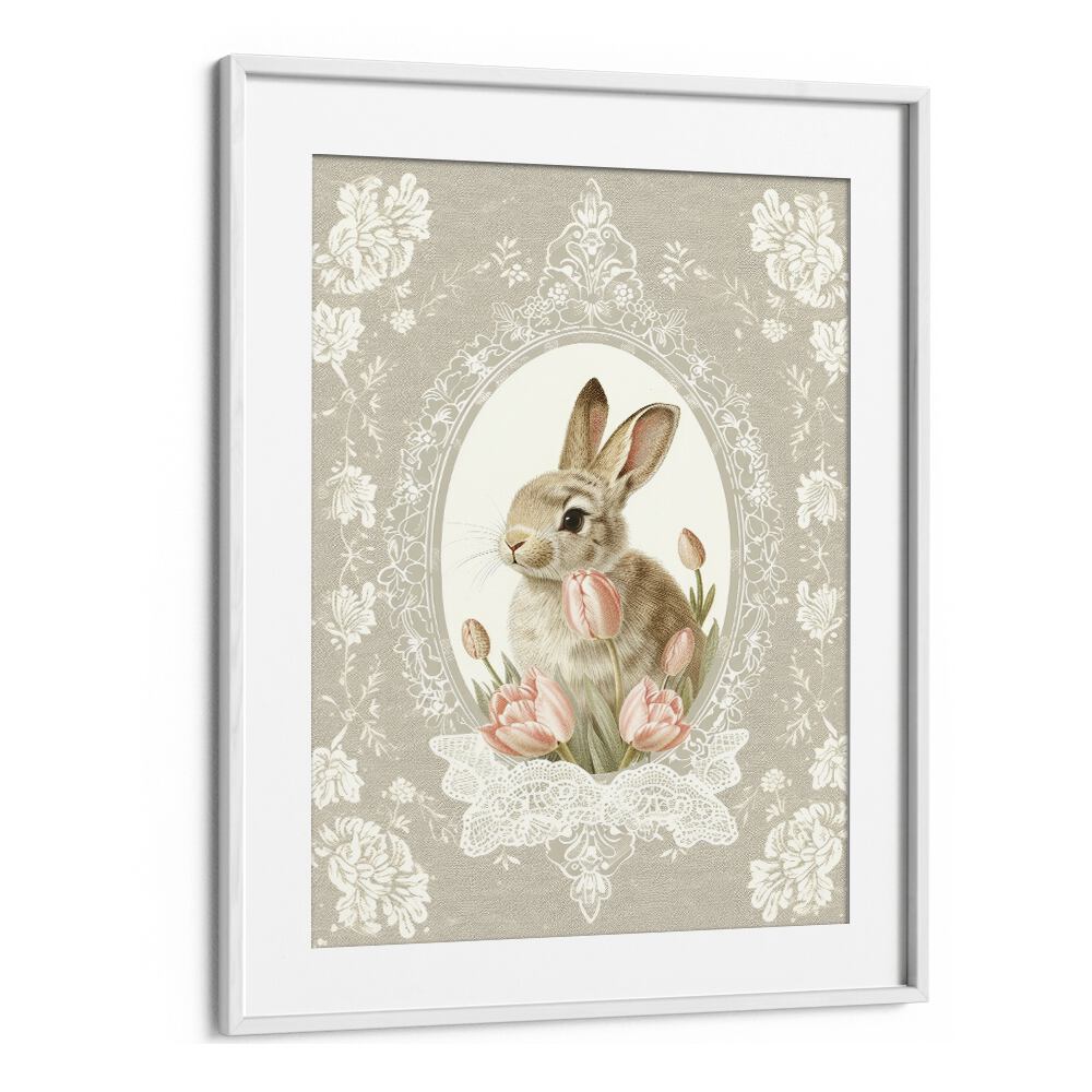 Bunny Blooms I Kids Art Artwork in White Frame With Mount