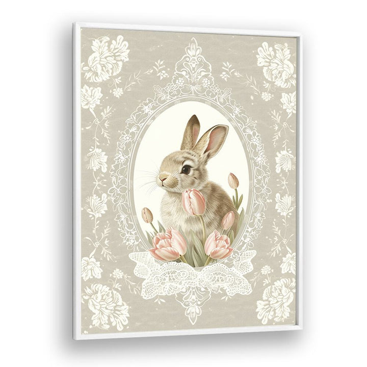 Bunny Blooms I Kids art Artwork in White Plain Frame White
