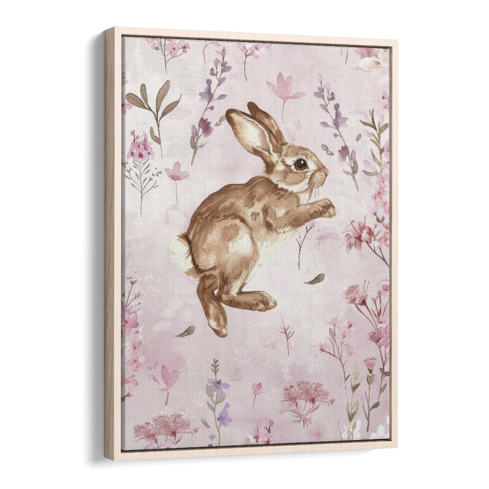 Bunny Blooms III Kids Art Artwork in Oak Wood Floater Frame
