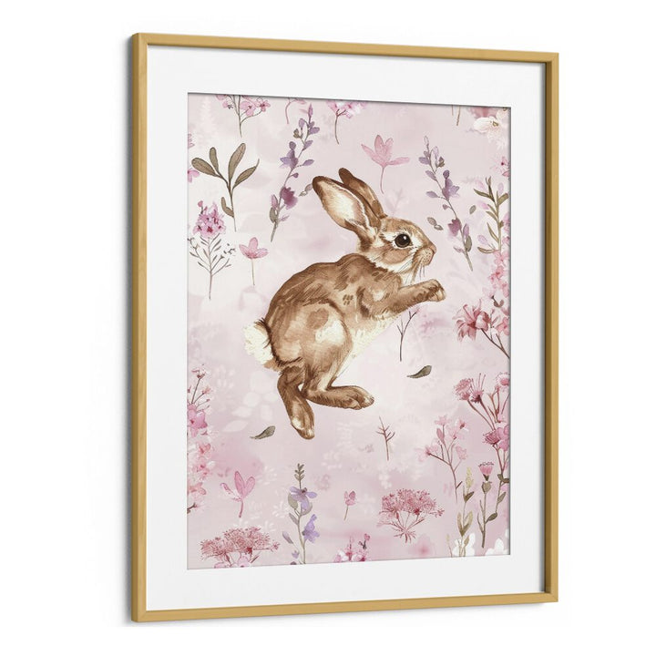 Bunny Blooms III Kids Art Artwork in Oak Wood Frame With Mount
