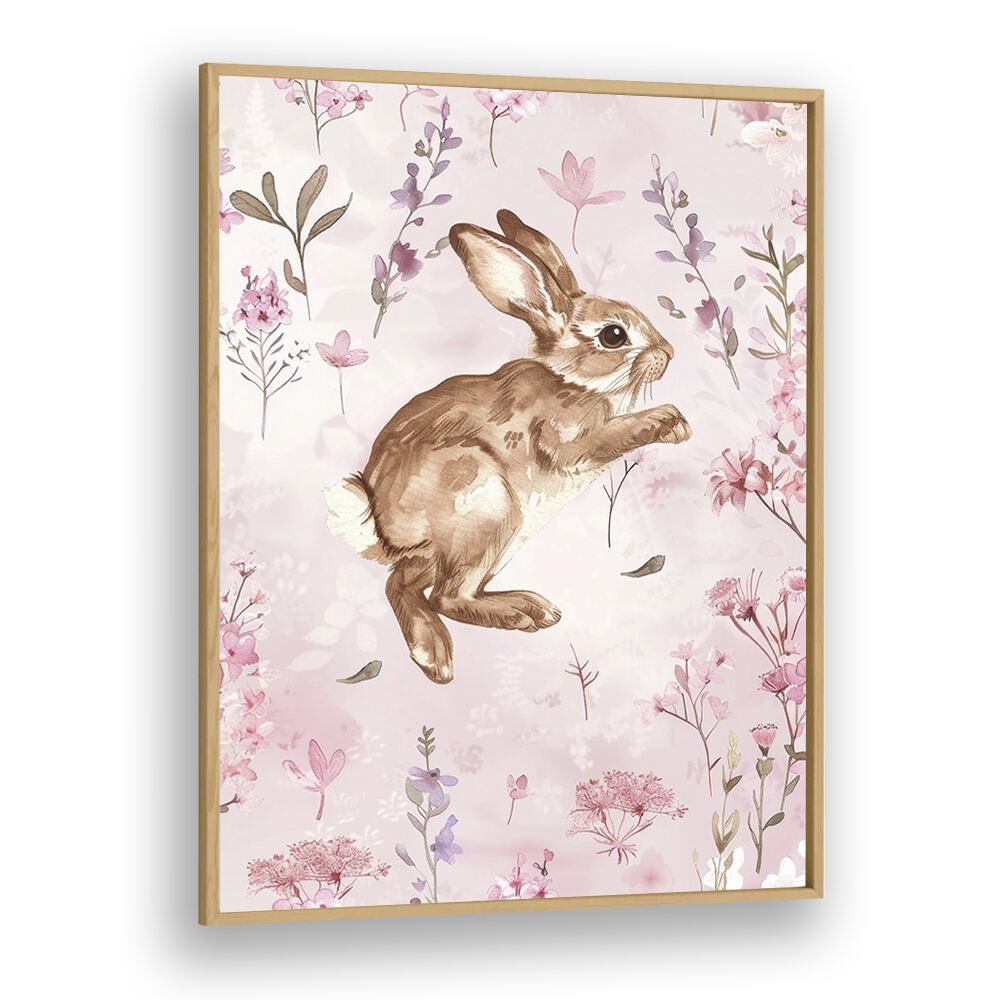 Bunny Blooms III Kids Art Artwork in Oak Wood Plain Frame
