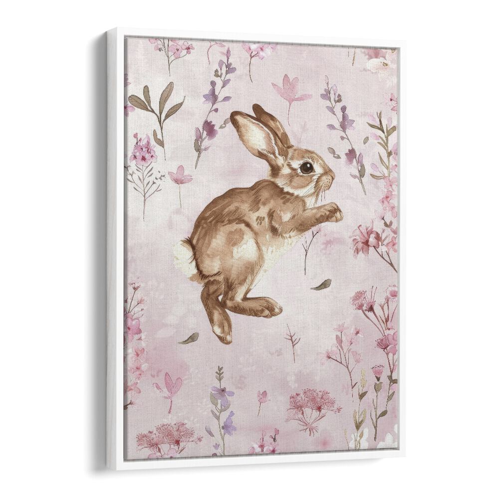 Bunny Blooms III Kids art painting Artwork in White Floater Frame
