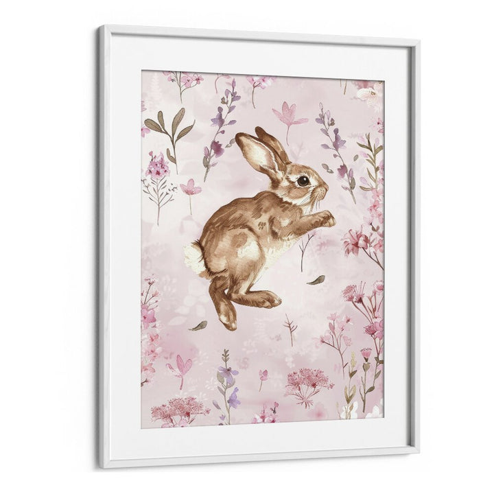 Bunny Blooms III Kids Art Artwork in White Frame With Mount