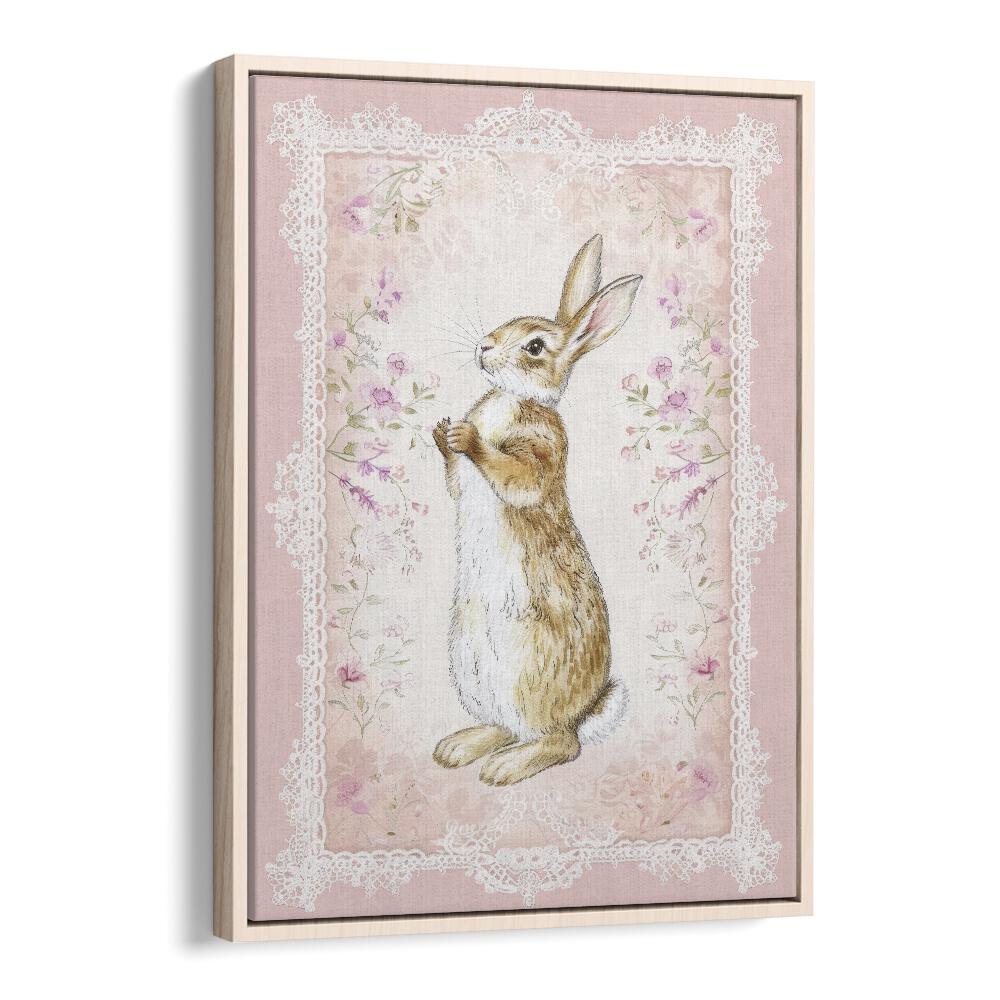 Bunny In A Wonderland III Kids Art Artwork in Oak Wood Floater Frame
