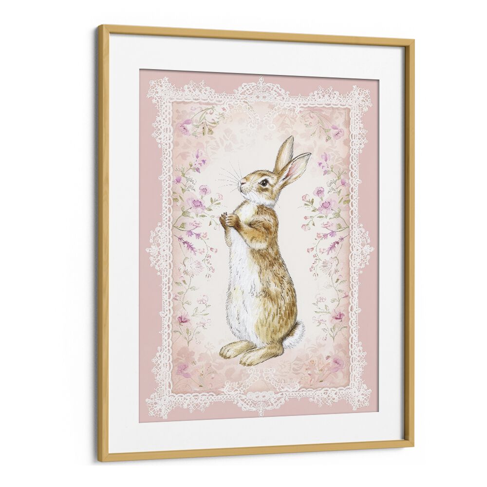 Bunny In A Wonderland III Kids Art Artwork in Oak Wood Frame With Mount
