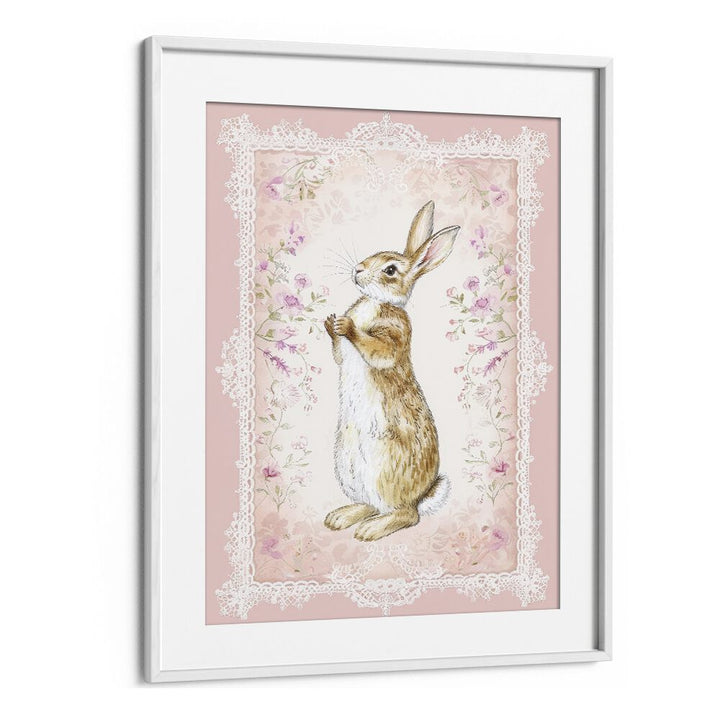 Bunny In A Wonderland III Kids art painting Artwork in White Floater Frame
