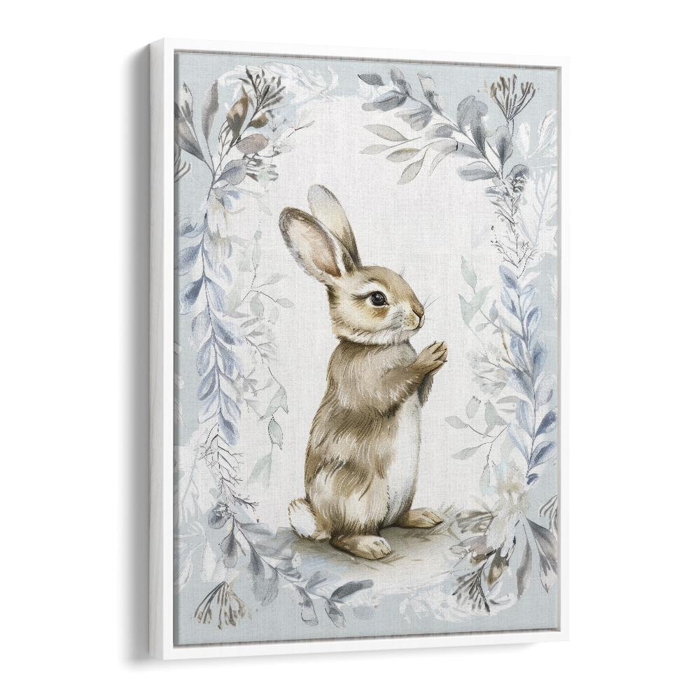 Bunny In Wonderland V Kids art painting Artwork in White Floater Frame
