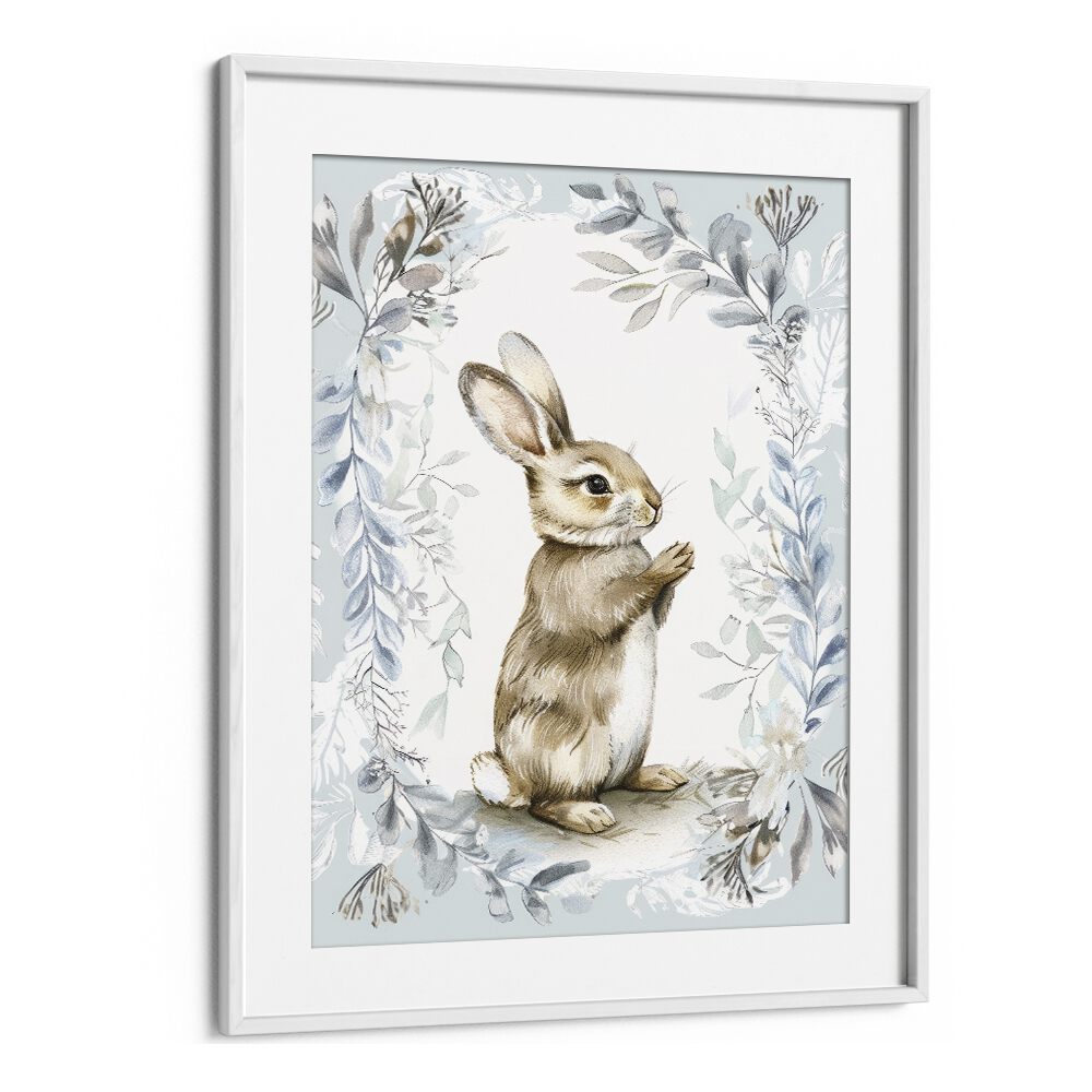 Bunny In Wonderland V Kids Art Artwork in White Frame With Mount