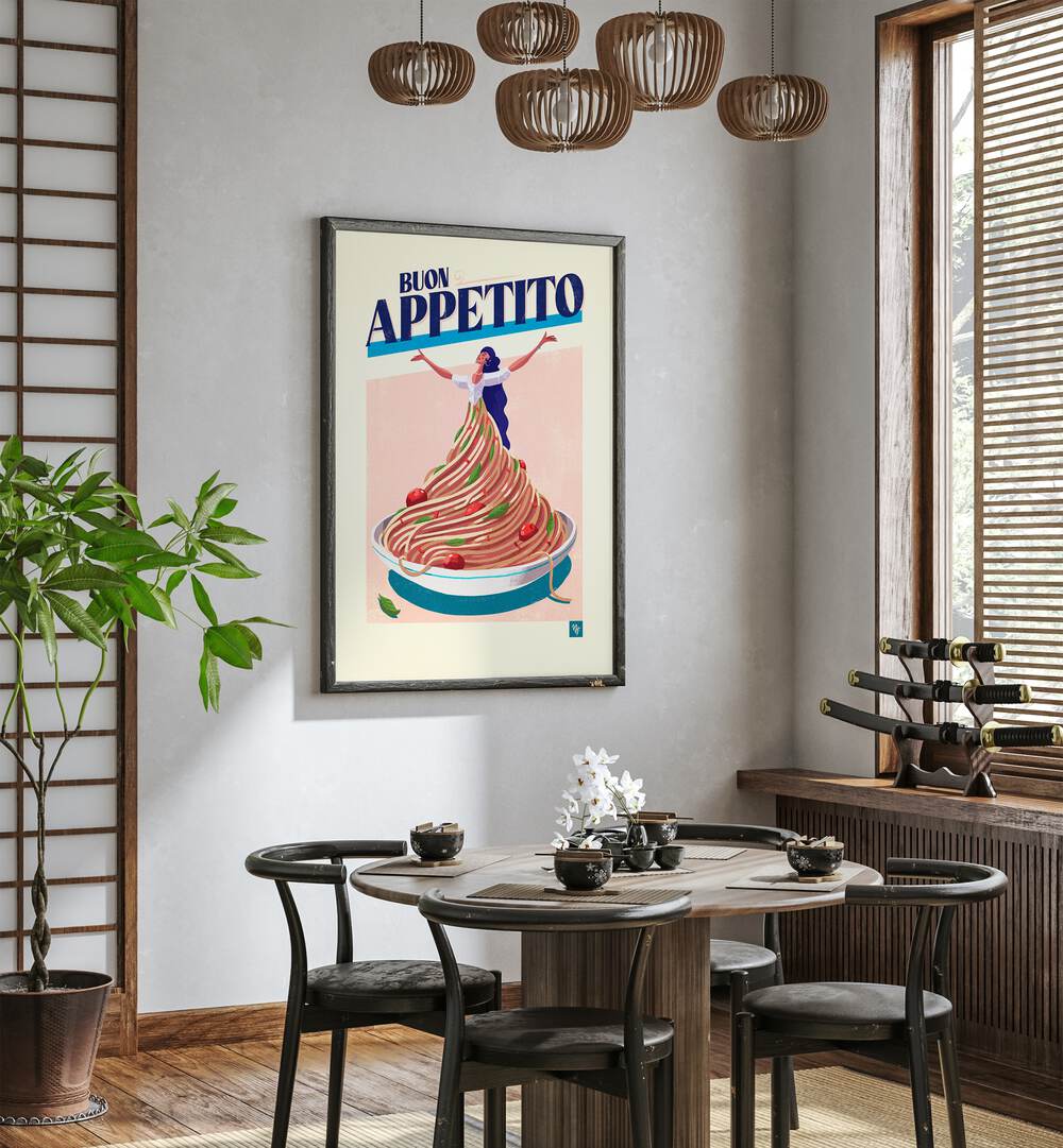 Colorful BUON APPETITO I, BAR & CAFE ART decorates a stylish dining area, enhancing the culinary experience.