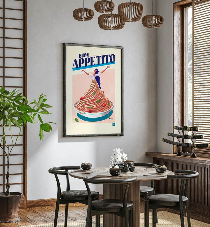 Colorful BUON APPETITO I, BAR & CAFE ART decorates a stylish dining area, enhancing the culinary experience.