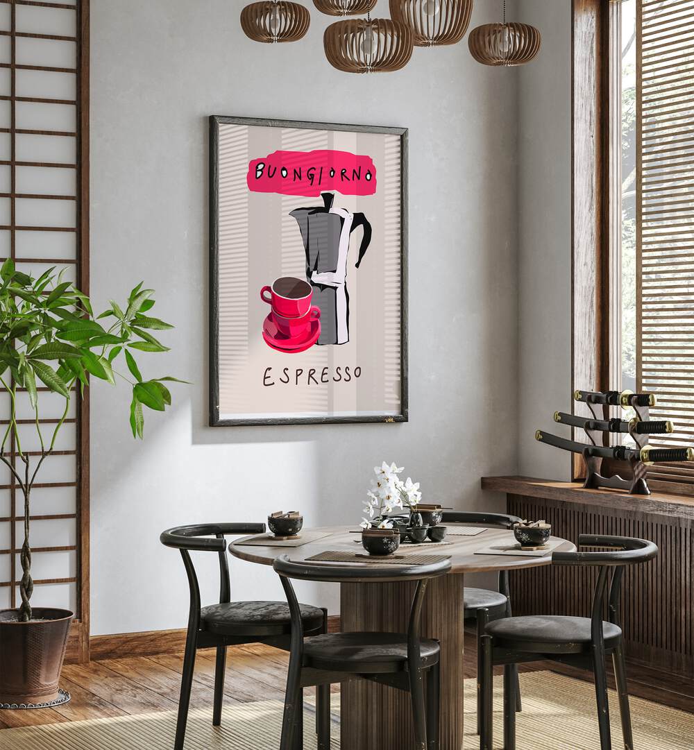 Bright and stylish BUONGIORNO ESPRESSO, BAR poster adds Italian charm to your kitchen or coffee nook.