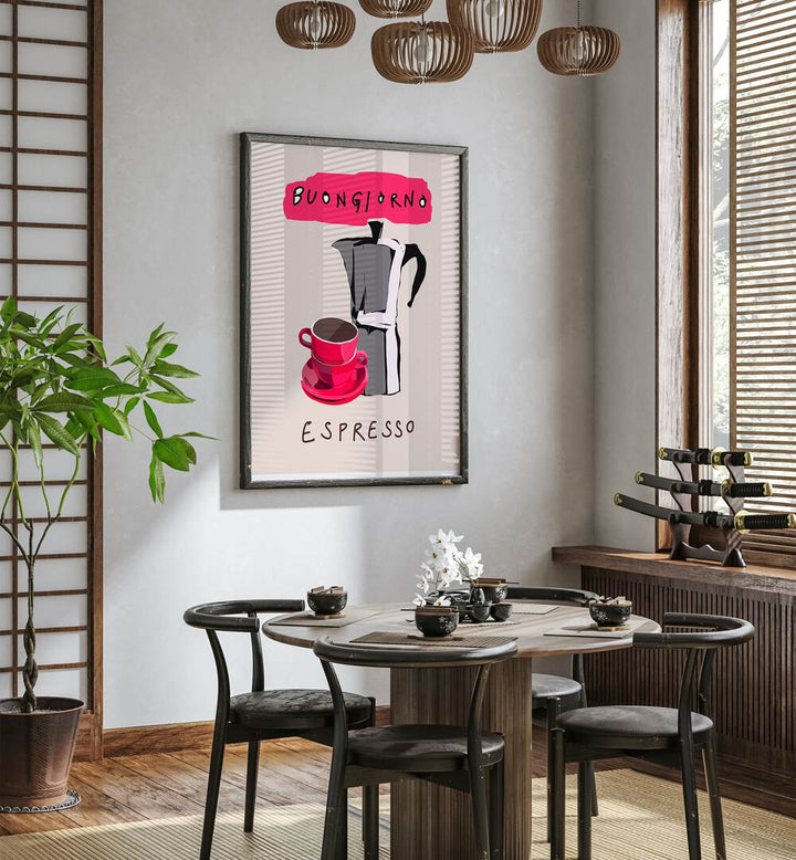 Bright and stylish BUONGIORNO ESPRESSO, BAR poster adds Italian charm to your kitchen or coffee nook.