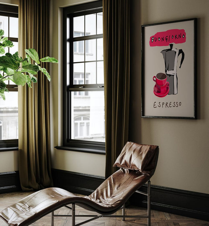 Stylish BUONGIORNO ESPRESSO, BAR poster enhancing a cozy coffee nook with Italian charm and vibrant energy.