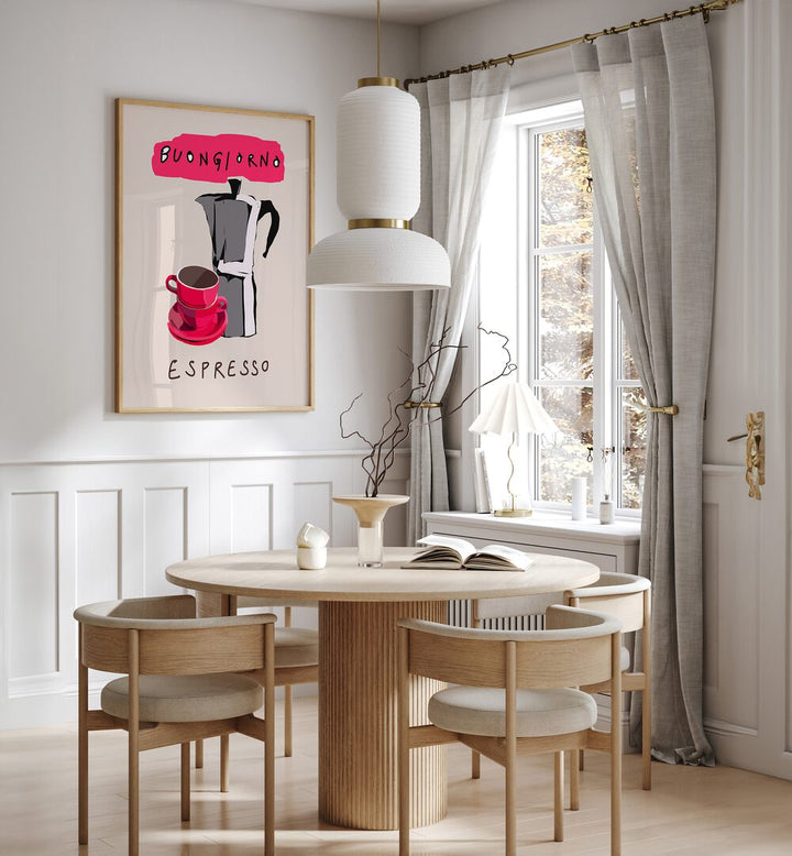 Stylish BUONGIORNO ESPRESSO, BAR poster brightens a modern kitchen, adding Italian charm for coffee lovers.