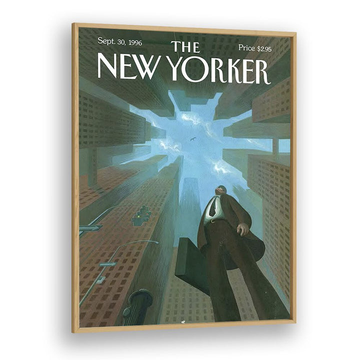 Businessman Looks Up At Tall By Eric Drooker - New Yorker Magazine 1996 Artwork in Oak Wood Plain Frame