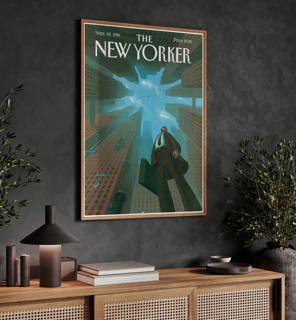 Businessman Looks Up At Tall By Eric Drooker - New Yorker Magazine 1996 Artwork Placed on a wall In A Living Room 