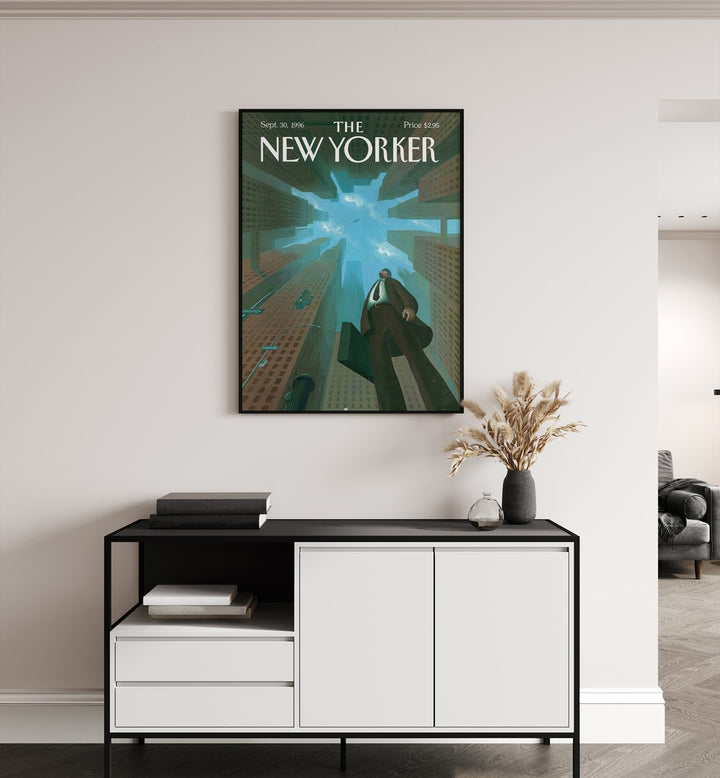 Businessman Looks Up At Tall By Eric Drooker - New Yorker Magazine 1996 Artwork Placed on a wall In A Living Room 