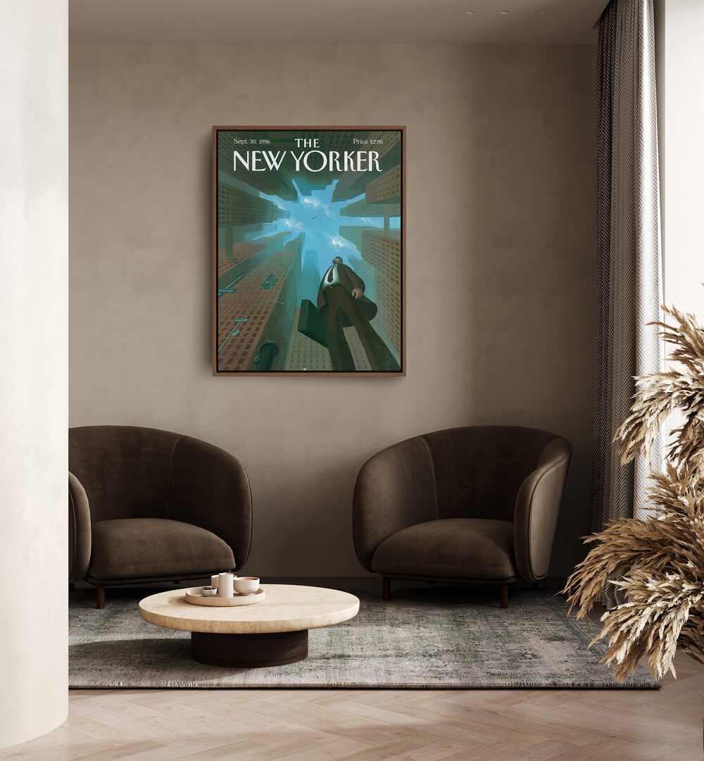 Businessman Looks Up At Tall By Eric Drooker - New Yorker Magazine 1996 Artwork Placed on a wall In A Living Room 