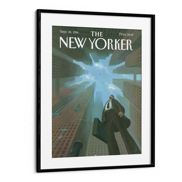 Businessman Looks Up At Tall By Eric Drooker - New Yorker Magazine 1996 Artwork in Black Frame With Mount