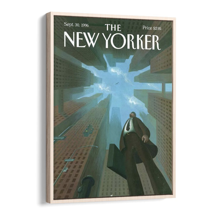 Businessman Looks Up At Tall By Eric Drooker - New Yorker Magazine 1996 Artwork in Oak Wood Floater Frame