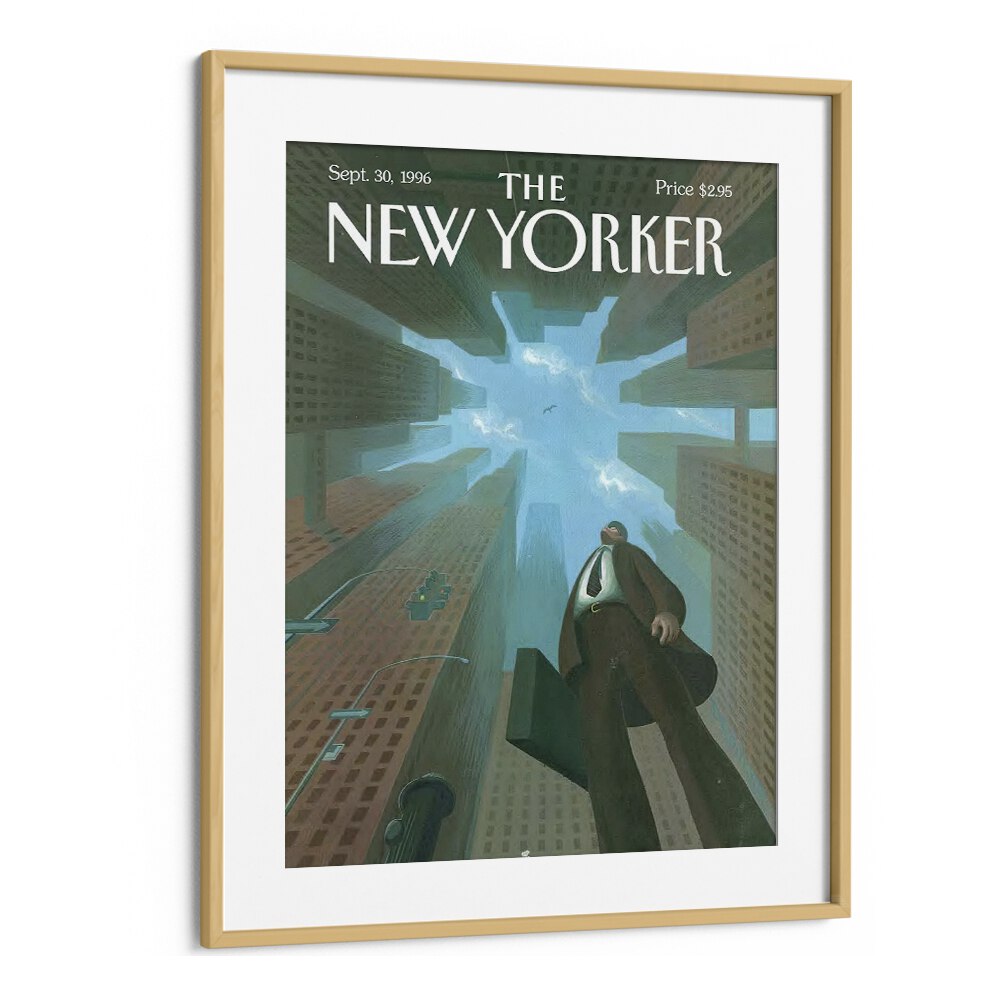 Businessman Looks Up At Tall By Eric Drooker - New Yorker Magazine 1996Artwork in Oak Wood Frame With Mount