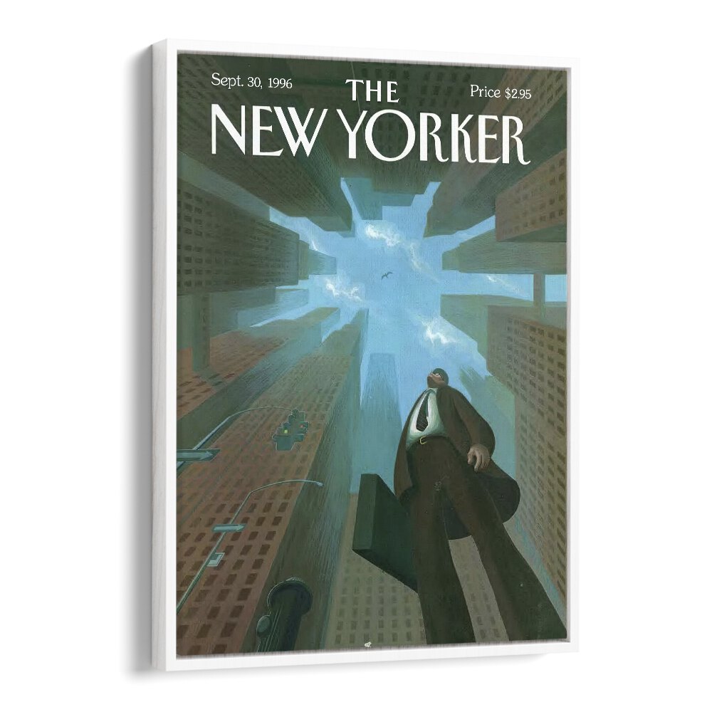 Businessman Looks Up At Tall By Eric Drooker - New Yorker Magazine 1996 Artwork in White floater Frame  