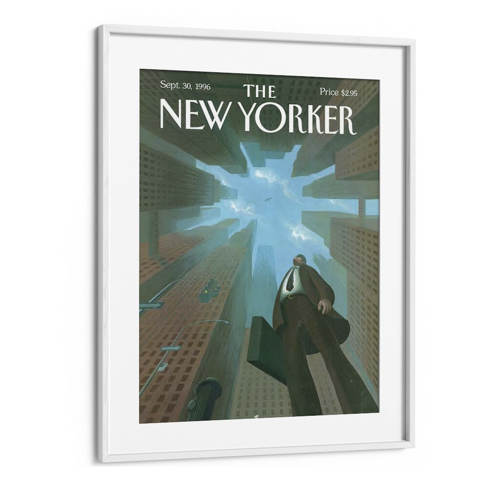 Businessman Looks Up At Tall By Eric Drooker - New Yorker Magazine 1996 Artwork in White frame With Mount