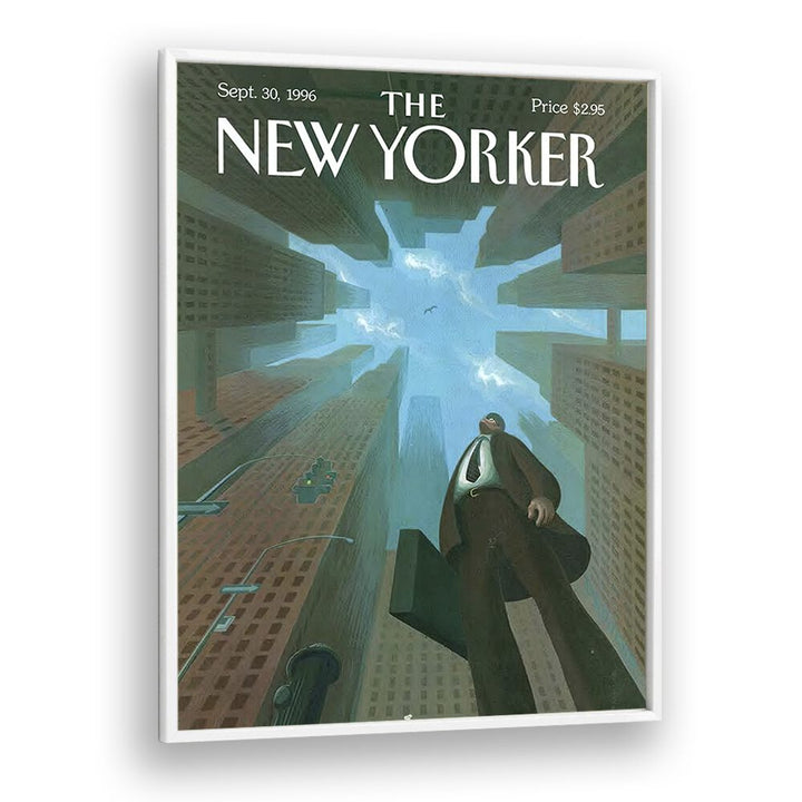 Businessman Looks Up At Tall By Eric Drooker - New Yorker Magazine 1996 Artwork in White Plain Frame