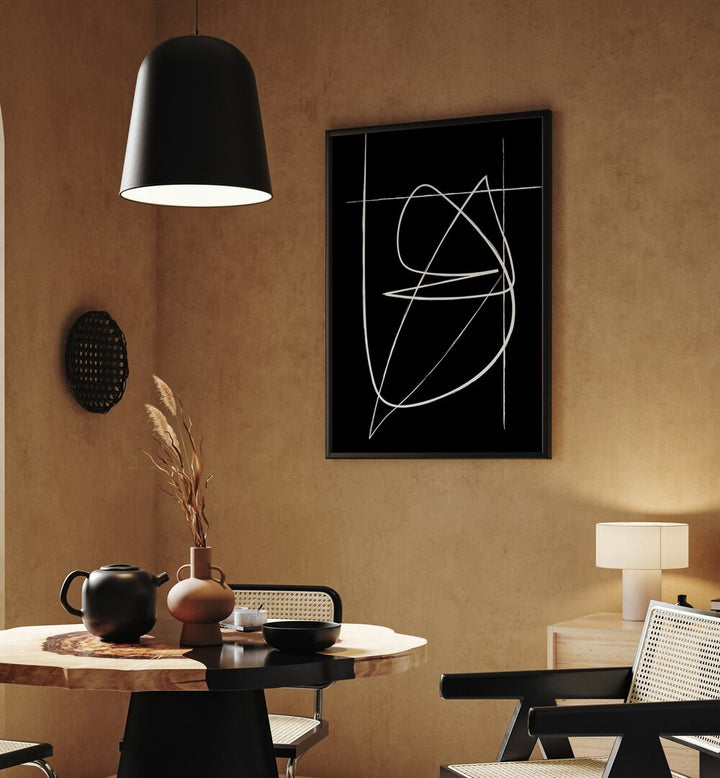 BW Lines Abstract Art Abstract Paintings in Black Plain Frame placed on a Dessert Brown Colored Wall near a Dining Table in the Dining Room