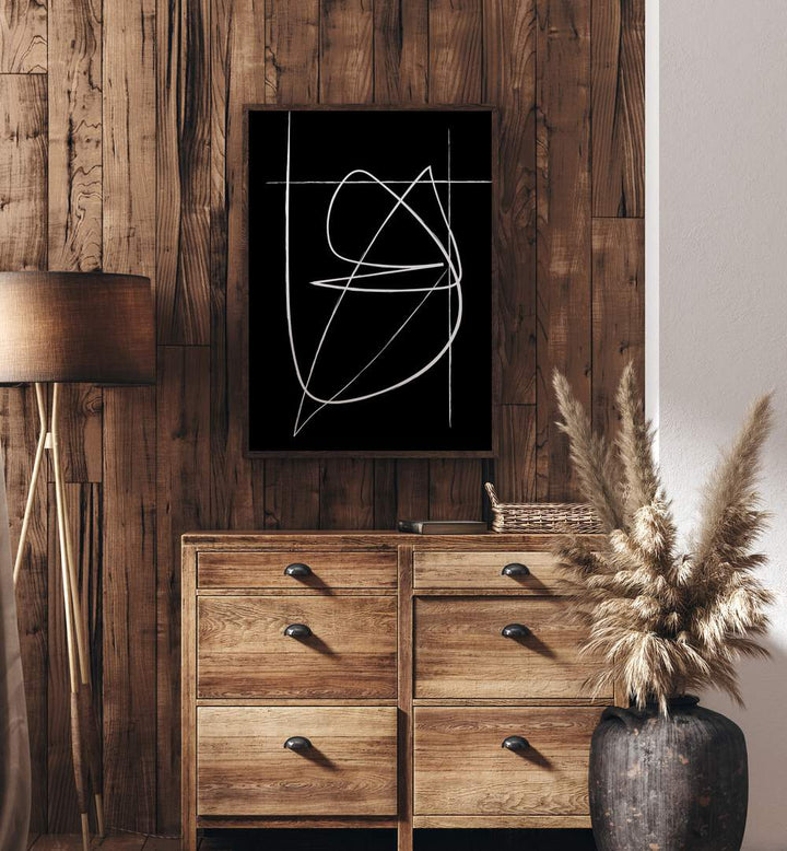 BW Lines Abstract Art Abstract Paintings in Dark Wood Plain Frame placed on a Wooden Textured Wall above a Console Table in the Drawing Room