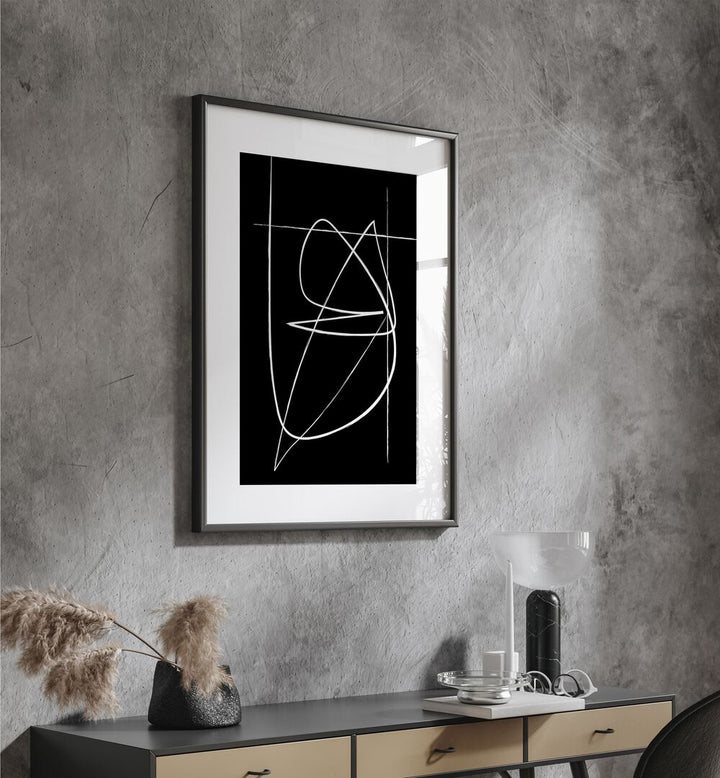 BW Lines Abstract Art Abstract Paintings in Black Frame With Mount  placed on a Grey Colored Wall above a Console Table in the Drawing Room