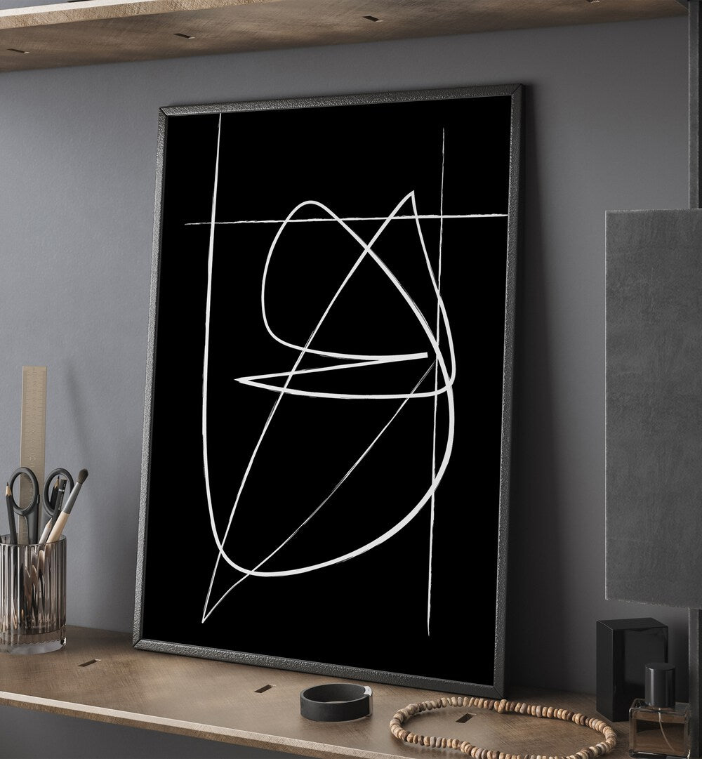 BW Lines Abstract Art Abstract Paintings in Black Plain Frame placed on a Shelf 