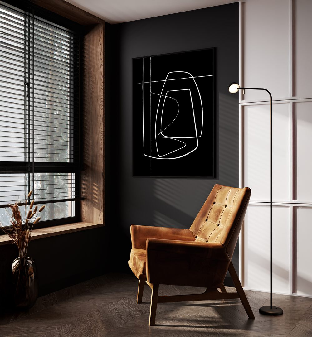 BW Lines II Abstract Art Abstract Paintings in Black Plain Frame placed on a Dark Grey Colored Wall in the Drawing Room