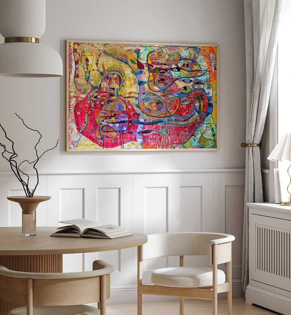 Framed colorful abstract wall art in soft pastels above cozy dining nook — BABY , ABSTRACT PAINTINGS