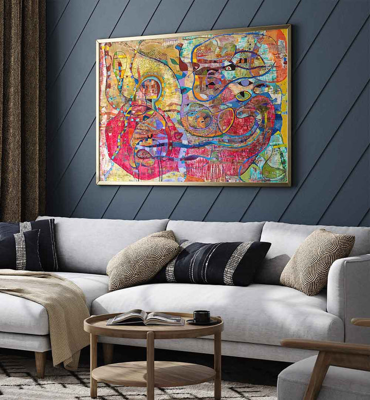 BABY , ABSTRACT PAINTINGS — serene pastel abstract canvas with organic shapes framed above sofa for nursery or living room
