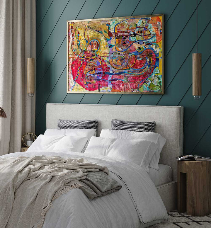 Framed BABY , ABSTRACT PAINTINGS above bed — colorful abstract with soft pastels and organic shapes for nursery