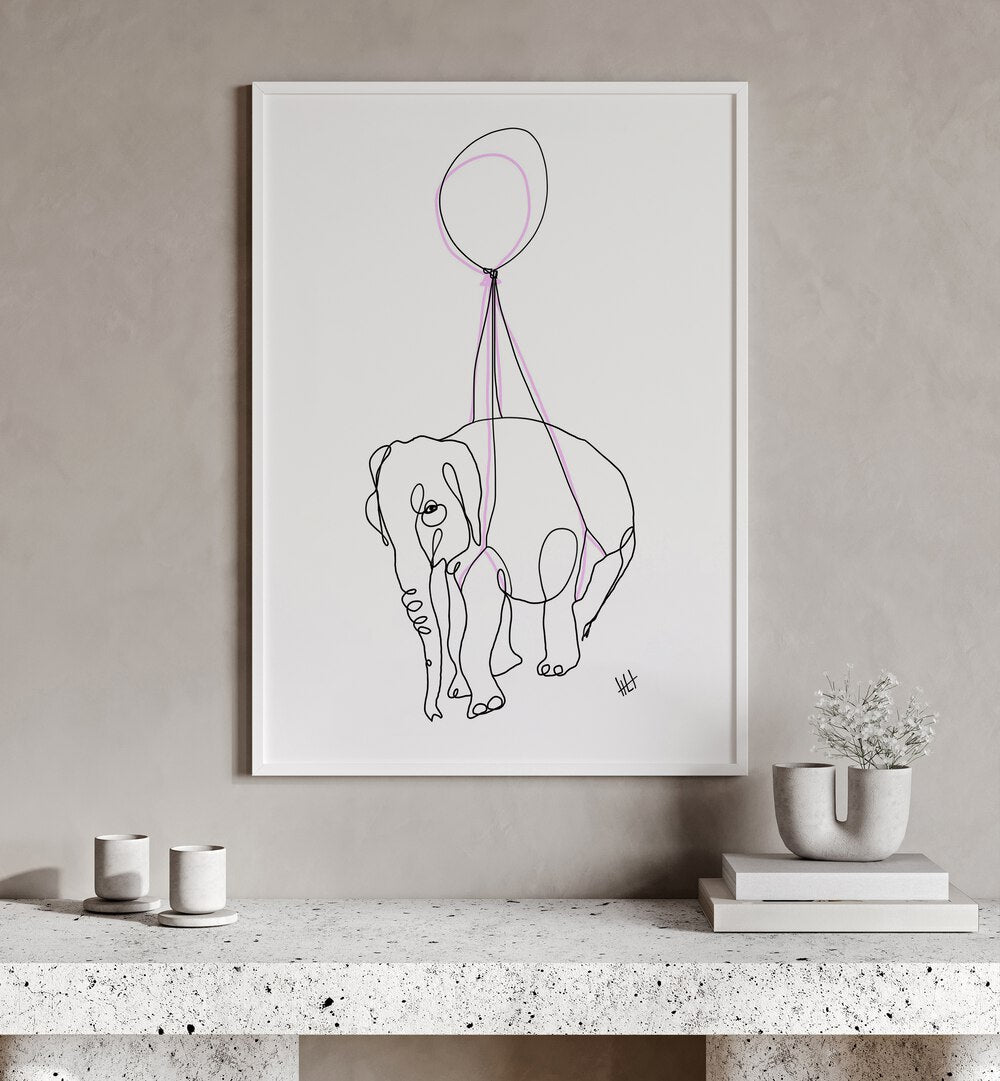 Baby Float by Hanna Lee Tidd Line Art Paintings Line Art Prints in White Plain Frame place on a wall behind a table