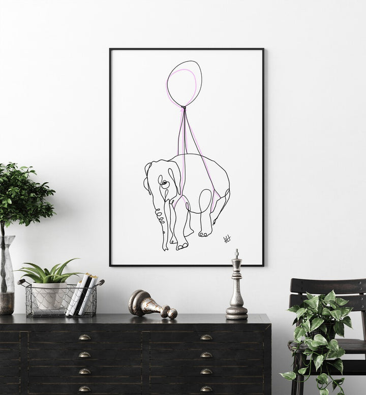 Baby Float by Hanna Lee Tidd Line Art Paintings Line Art Prints in Black Plain Frame placed on a wall behind a table