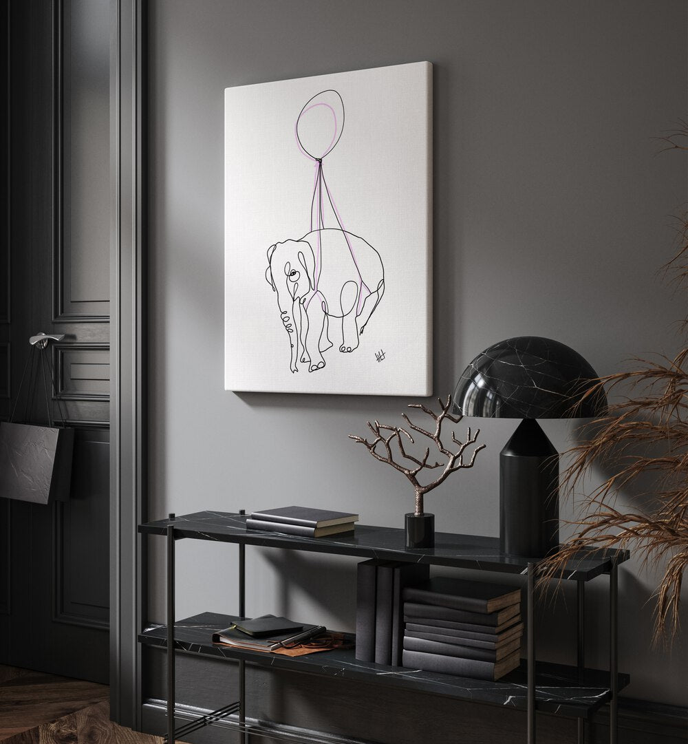 Baby Float by Hanna Lee Tidd Line Art Paintings Line Art Prints in Gallery Wrap placed on a wall behind a table and beside a door